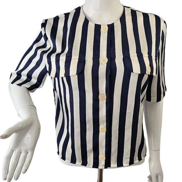 La Chine Petites Galinda Wang Striped Button-Up Shirt 6P Navy Silver Stripes 80s - Picture 5 of 10